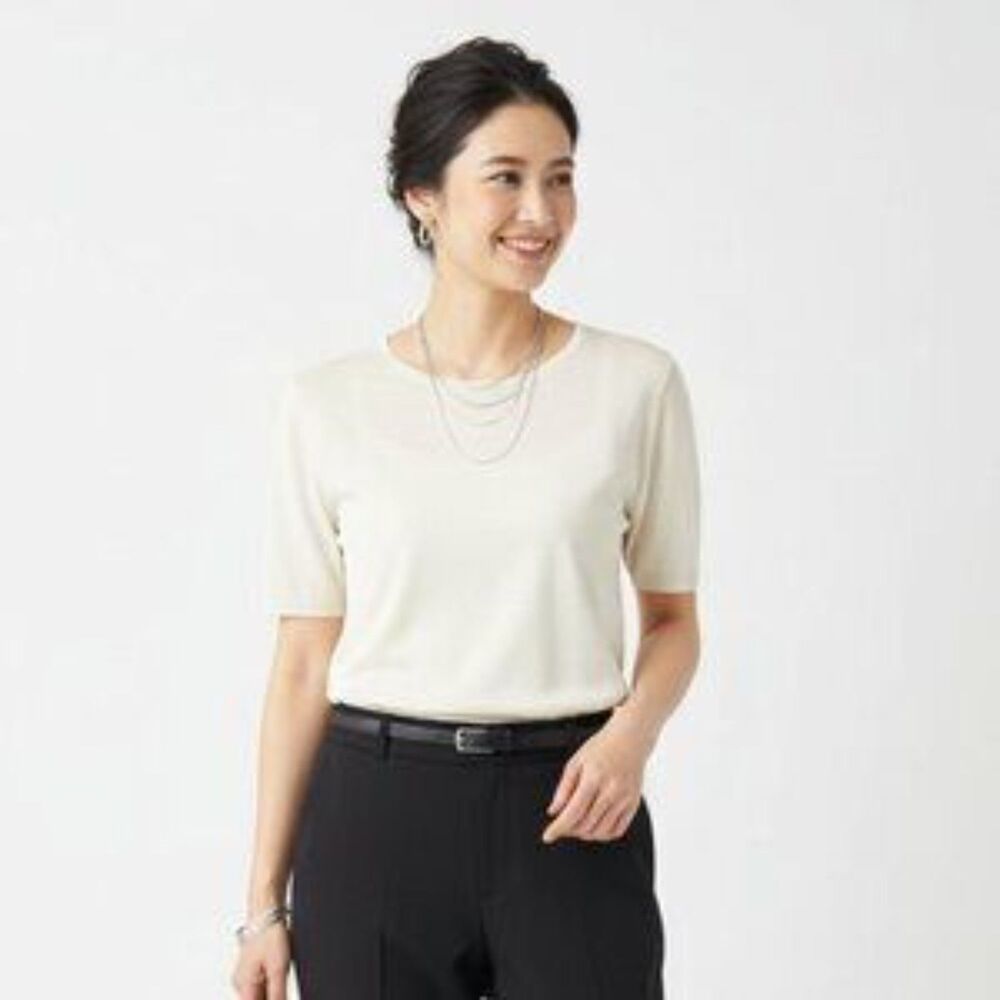 Austin Reed Ivory Cream Short Sleeve Woven Knit Tee T Shirt Top L